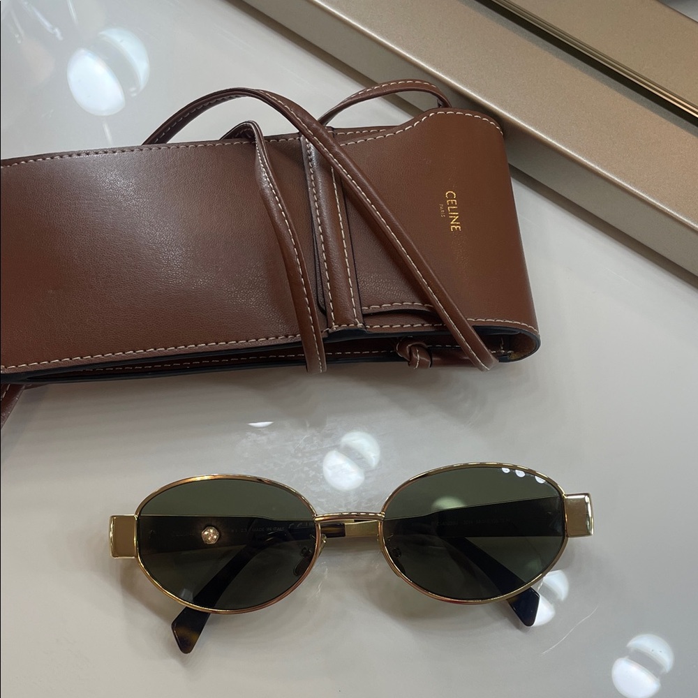 Celine Metal Triomphe Oval Sunglasses with Brown Leather Case